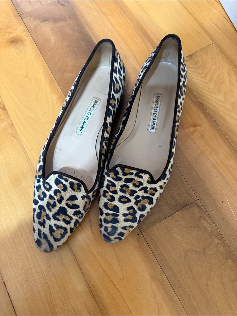 Manolo Blahnik Leopard-Print Pointed Flats in Beige and Black